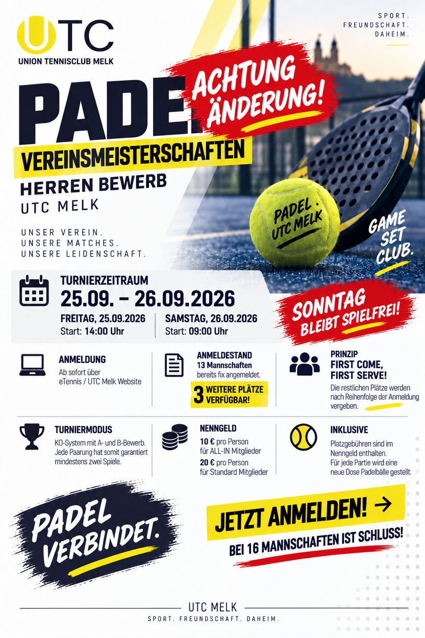 ACHTUNG – ÄNDERUNG VEREINSMEISTERSCHAFTEN PADEL 2026 - HERREN